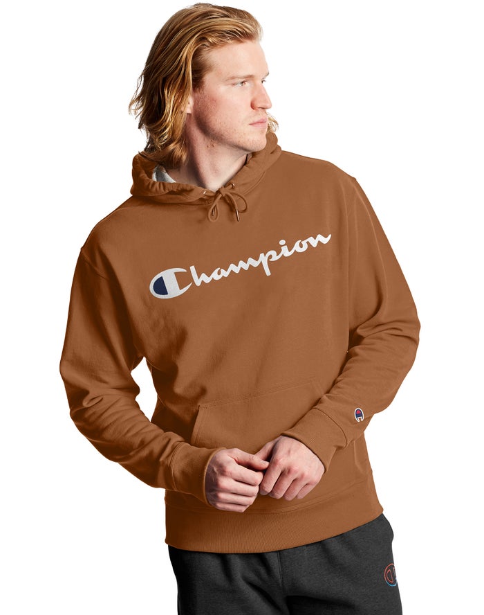 Champion Powerblend Fleece Script Logo Hoodie Heren - Bruin - Belgie 0938EHAPI